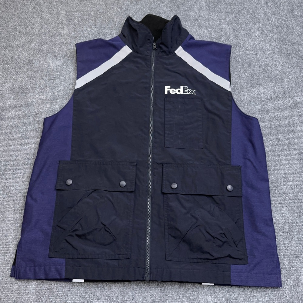 FedEx Vest Mens Large Blue Full Zip Fleece Lined Reflective Cargo Stan Herman